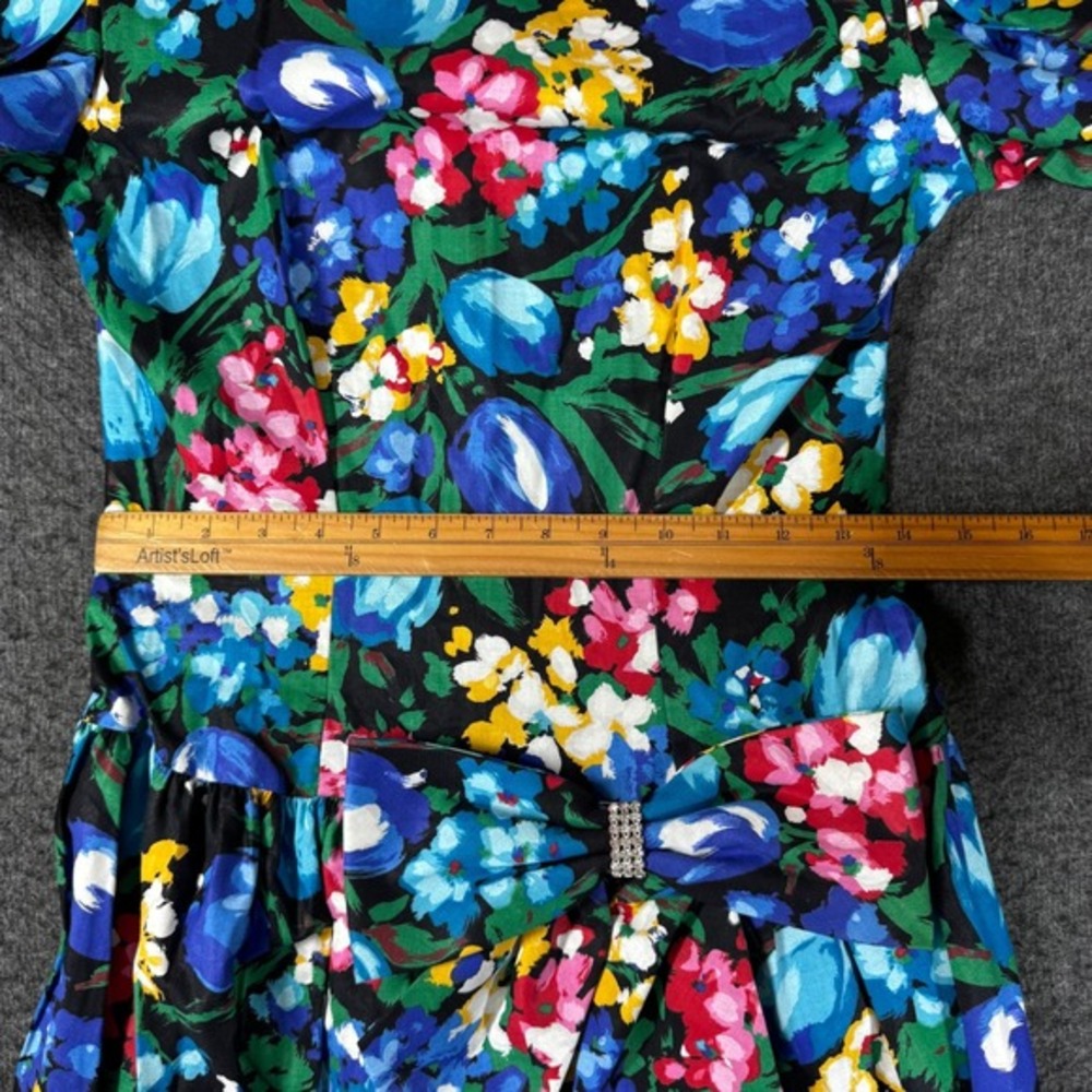 Vintage 80s Colorful Floral Cocktail Dress Size 6 Rhinestone Bow Puff Sleeve - Picture 9 of 13